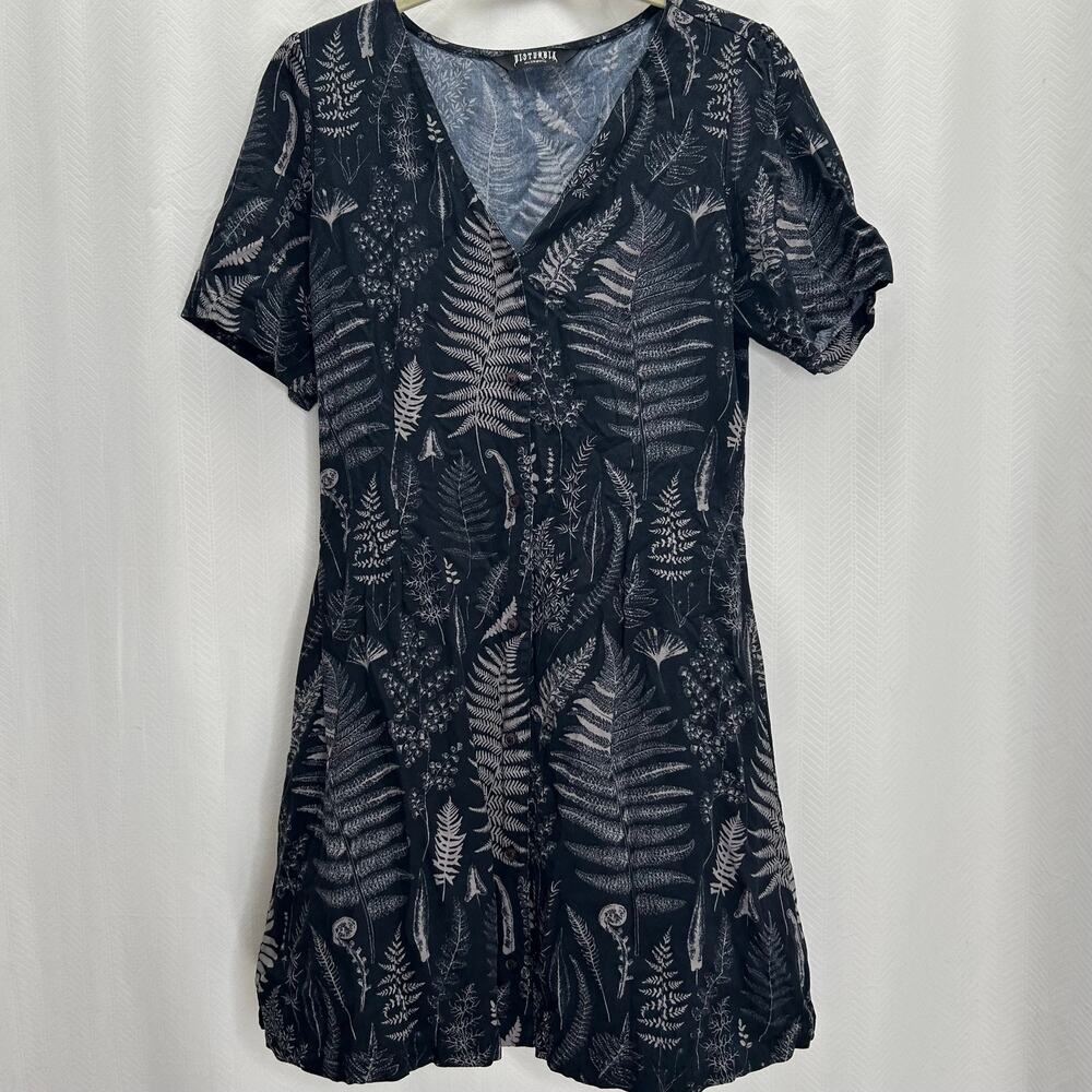 Disturbia black leaf print mini dress button up goth grunge whimsy garden fairy
